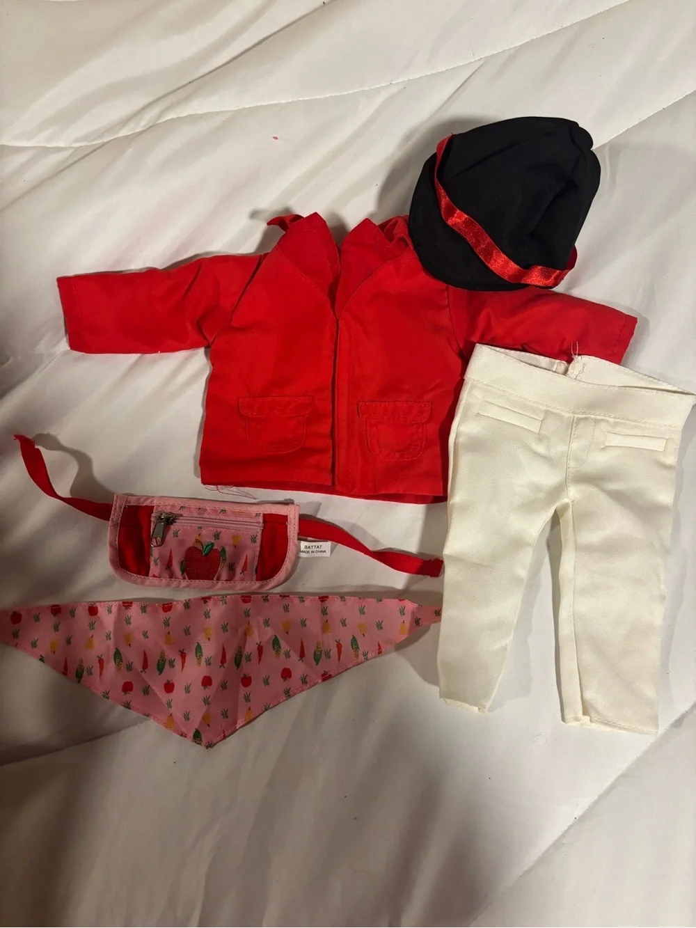 18” doll Red Jacket & White Pants Doll Outfit Set with hat, scarf & belt bag